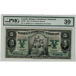 Banque Canadienne Nationale; 1925 $5 #1623314 CH-85-10-02 PMG VF30.  Nice issue for grade.