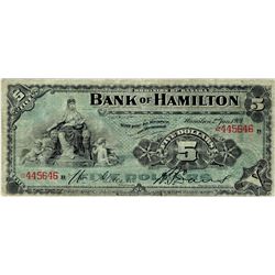 Bank of Hamilton; 1904 $5 #445646 CH-345-18-02 PMG F12 Net.  Popular issue with with strong colours.