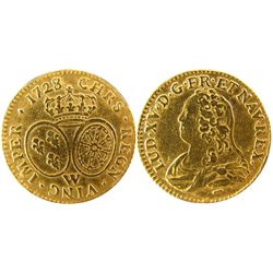 France 1728W Gold Louis D'or (.2408).  Shows light polish.