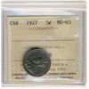 Image 1 : 1927 5¢ ICCS MS63.  Lots of lustre and full band.