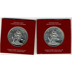 Bahamas 1973 Proof Sterling Silver UNC Specimen $5 Coat of Arms coin.  Lot of 2 examples both in ori