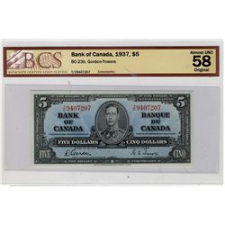 1937 $5 BC-23b #TC9407207 BCS CH AU58 Original.