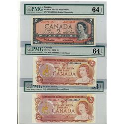 1954 $2 BC-38bA #*BB0226105, 1974 $2 BC-47a Mod Tint AU58(4), UNC66 & BC-47a-I #AGE2666666 UNC64, #2