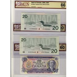 1971 $10 BC-49dA UNC60, 1991 $20 BC-58a UNC66 & BC-58aA-ii UNC60. Lot of 3 BCS graded notes.