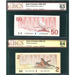 1986 $2 BC-55a #AUL1331733 & 1988 $50 BC-59a #FHG5254637 designated as Lg F's BCS CH UNC63.  Lot of 