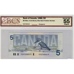 1986 $5 BC-56a-i #EOH7450419 BCS AU55.  Blue BPN.  Scarce prefix.