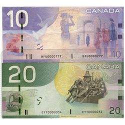 2009 $10 BFU0000777 & 2005 $20 #EYY0000034.  Lot of 2 low serial numbered notes VF-EF.