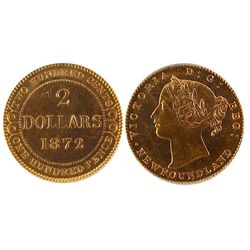 Nfld 1872 $2 Gold MS62.  Well struck with lots of lustre.  Flashy and desirable.  Very scarce date i