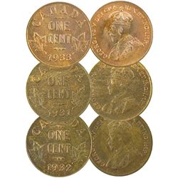 1931 1¢, 1932 & 1933.  Lot of 3 coins all UNC with lustre and RB in colour.