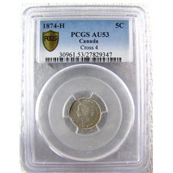 1874H 5¢ Crss PCGS AU53.  Lustrous.