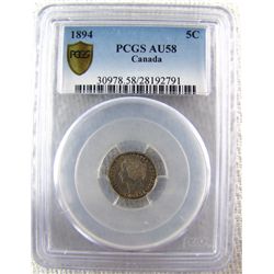 1894 5¢ PCGS AU58.  Lightly toned with lots of lustre.