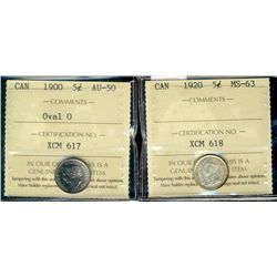 1900 5¢ Oval 0 AU50 & 1920 MS63.  Lot of 2 coins both ICCS graded.