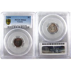 1904 5¢ PCGS MS64.  Attractively toned.  Very flashy.  Scarce date.