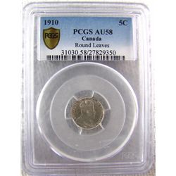 1910 5¢ Round Leaves variety. PCGS AU58.  Briliant and lustrous.