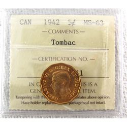 1942 5¢ Tombac ICCS MS65.  Fully brilliant.