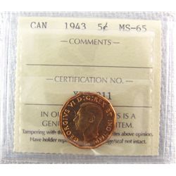 1943 5¢ Tombac ICCS MS65. Fully brilliant.
