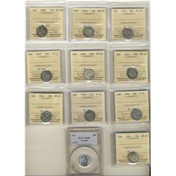 1916 10¢, 1918, 1920, 1921, 1938 VF20, 1928, 1931, 1933 F12, 1940 & 1943 EF45.  Lot of 10 ICCS coins