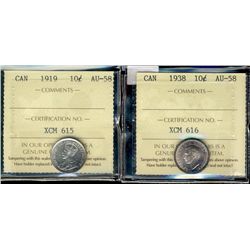 1919 10¢ & 1938 ICCS AU58.  Lot of 2 coins.