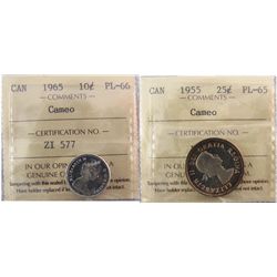 1965 10¢ PL66 & 1955 25¢ PL65.  Lot of 2 ICCS coins both Cameo.
