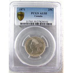 1871 25¢ PCGS AU55.  Brilliant toneless issue.