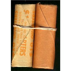 1965 25¢ & 1966 BU Rolls.  Original rolls wrapped by The Royal Bank of Canada.  Lot of 2 rolls.  Uno