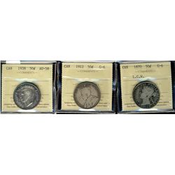 1870 50¢ LCW, 1912 both G6 & 1938 AU58.  Lot of 3 coins all ICCS graded.