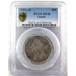 1881H 50¢ PCGS XF45.  Lightly toned with considerable lustre.