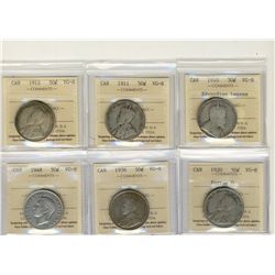 1910 50¢ Edw, 1911, 1912, 1920 Nr, 1936  & 1948 all ICCS VG8.  Lot of 6 coins.