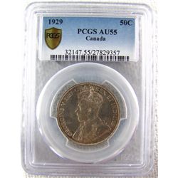 1929 50¢ PCGS AU55.  Mostly brilliant and lustrous.