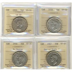 1938 50¢, 1953 LD Sf, 1947 C7R & 1950 No Des.  Lot of 4 ICCS coins VF20-VF30.