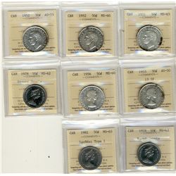1951 50¢, 1952(2), 1953 LD SF, 1956, 1978 Rd Jewels, 1978 Sq Jewels & 1982 LgBds Type 1.  Lot of 8 c