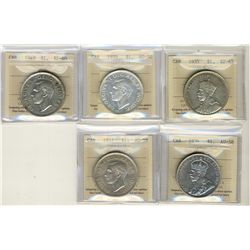 1935 $1 EF45, 1949 $EF40, 1936, 1937 & 1939 AU58.  Lot of 5 ICCS coins.