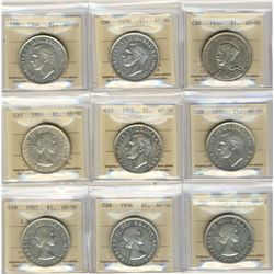 1935 $1, 1939, 1946, 1950, 1951, 1953 SF, 1954, 1956 & 1957 1 WL ICCS AU50.  Lot of 9 coins.