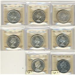 1936 $1, 1953 NSF, 1955, 1960, 1959, 1963, 1965 Sm Ptd & Lg Blt ICCS MS62.  Lot of 8 coins.