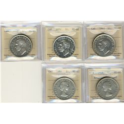 1949 $1, 1952 NWL, 1952, 1955 Arnp & 1957 all ICCS MS60.  Lot of 5 coins with 1955 designated cleane