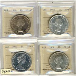 1958 $1, 1962, 1964 ICCS MS63 & 1965 SmBds Blt PL65.  Lot of 4 ICCS coins.