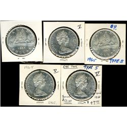 1965 $1 Type V.  Lot of 5 coins brilliant AU to UNC.