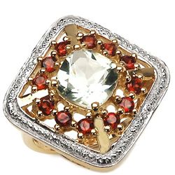 4.58 CARAT GENUINE GREEN AMETHYST & GARNET 14K YELLOW GOLD PLATING .925 STERLING SILVER RING
