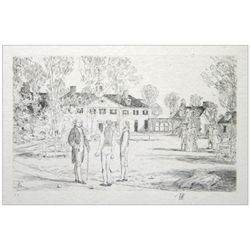 Childe Hassam pencil-signed etching "Bowling on the Green"