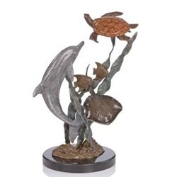 BRONZE DOLPHIN & TURTLE SCULPTURE