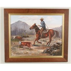 Original Oil on Canvas Depicting "Cowboy & Cows"