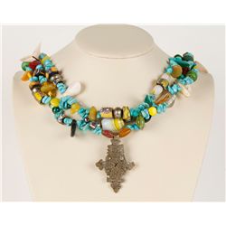 Turquoise & Glass Bead Mexican Cross Pendant