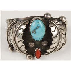 Heavy Old Pawn Turquoise & Coral Cuff