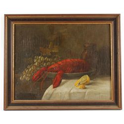 Framed Acrylic on Board of a Lobster and Fruit