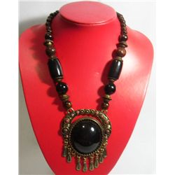 531CTW NATIVE WOODEN BEADED BLACK PENDANT NECKLACE 18IN