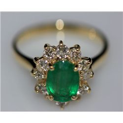 14K GOLD OVAL EMERALD AND DIAMOND RING