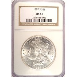 1887-S MORGAN DOLLAR NGC MS61 WHITE