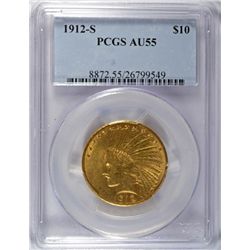 1912-S $10.00 GOLD INDIAN PCGS AU55 SCARCE