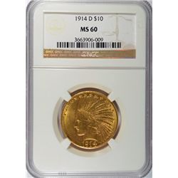 1914-D $10.00 GOLD INDIAN NGC MS60 SCARCE