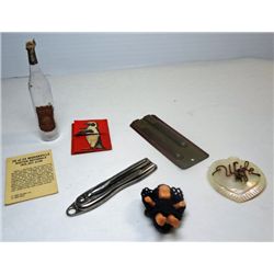 Vintage Lot of Treasures. Tiny doll, whistle, old perfume bottle with stopper,